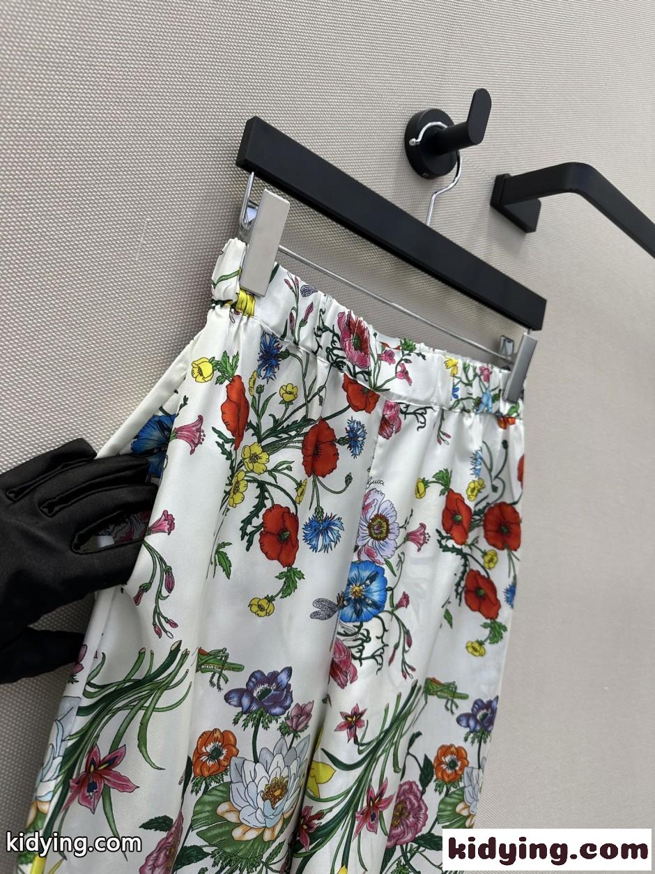 フローラ プリント シルク ワイドパンツ グッチ パンツ コピー ホワイト-1