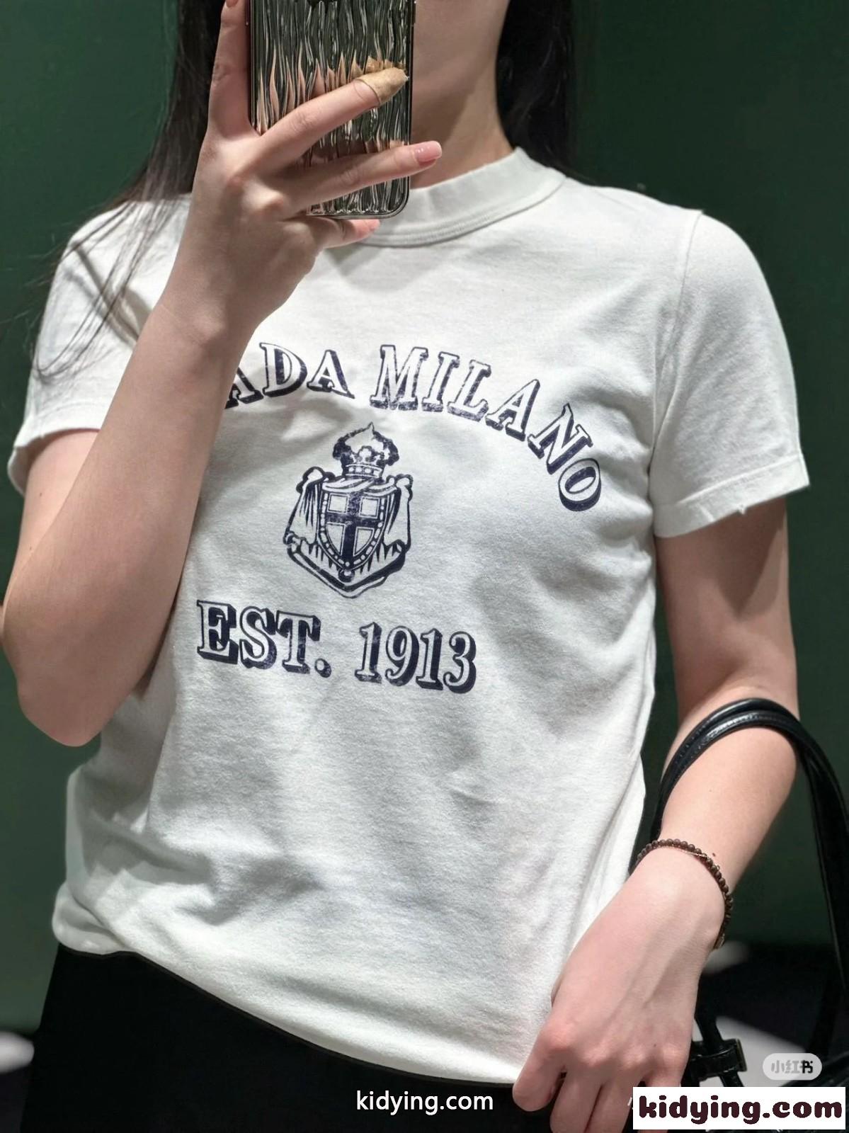 プリント入り コットン 半袖Tシャツ プラダ Tシャツ コピー クルーネック ホワイト-4