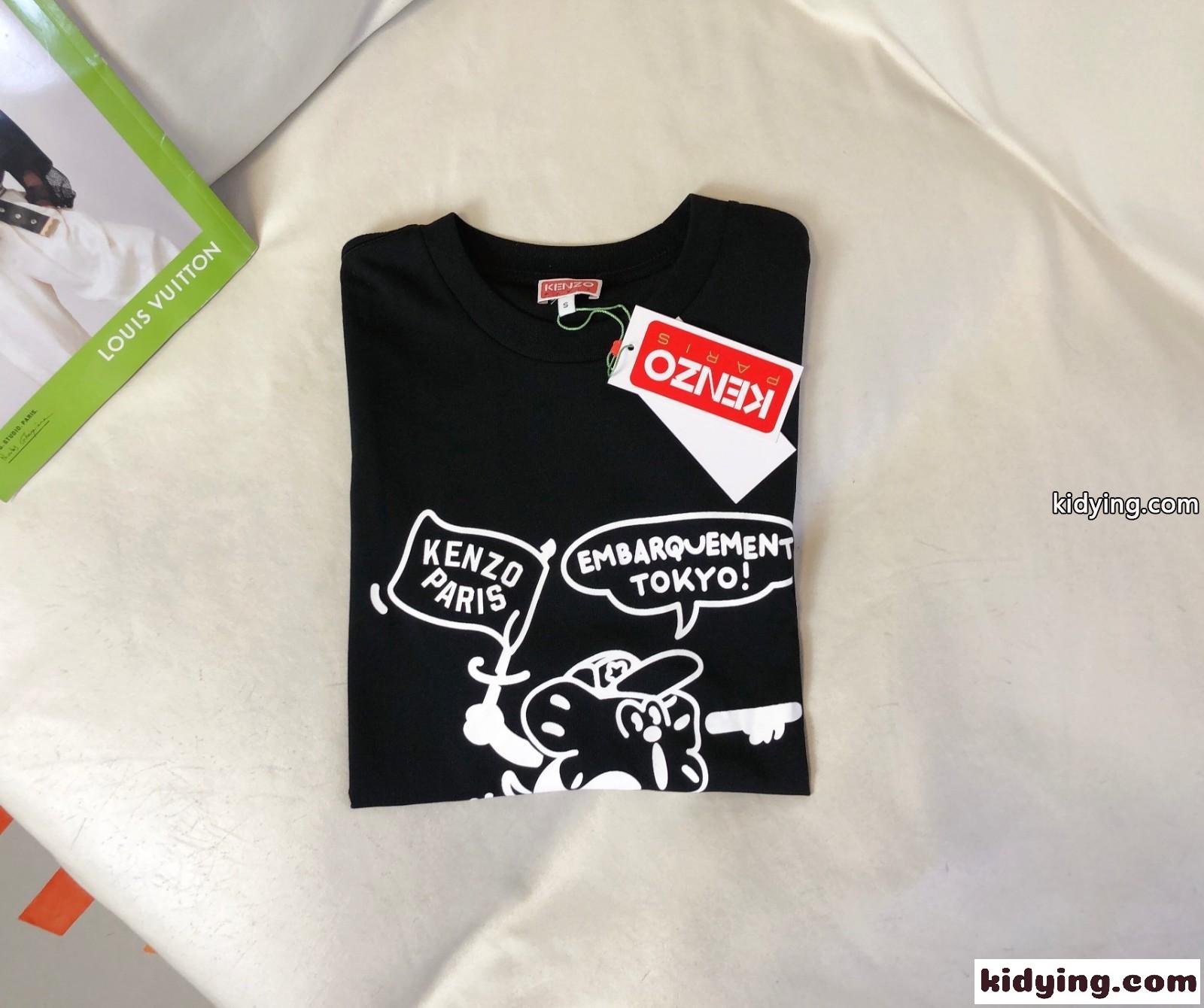 可愛い おしゃれ プリント クルーネック コットン 半袖Tシャツ ケンゾー Tシャツ コピー ブラック-4