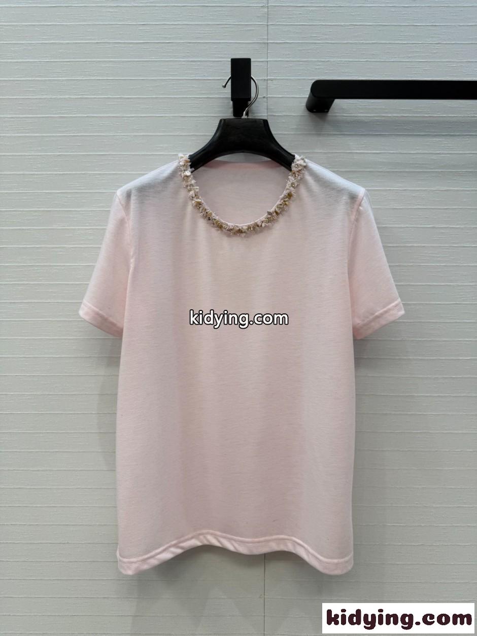 シャネル Tシャツ コピー ビジューネック コットンリネン 半袖Tシャツ ピンク-0