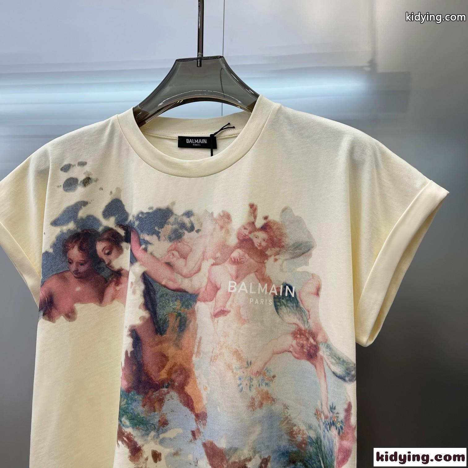 パステルプリント クロップドTシャツ バルマン Tシャツ コピー コットン 半袖 トップス-2