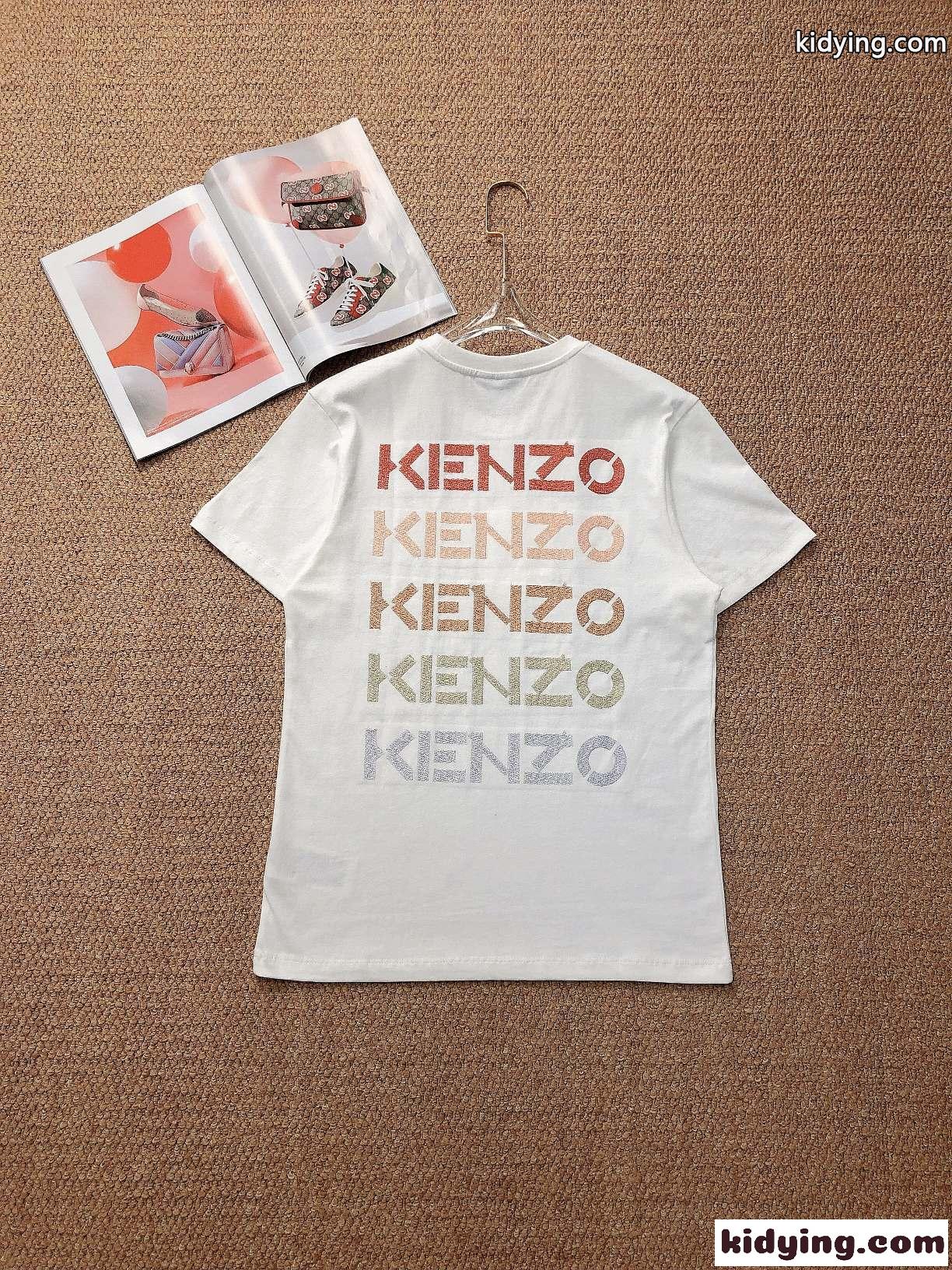 グラデーション ロゴ 刺繍 オシャレ クールネック コットン 着心地いい ケンゾー tシャツ レディース コピー ホワイト ブラック-2