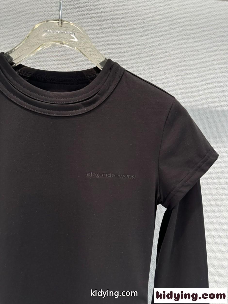 アシンメトリー レイヤード風 長袖Tシャツ アレキサンダーワング Tシャツ コピー ブラック-0