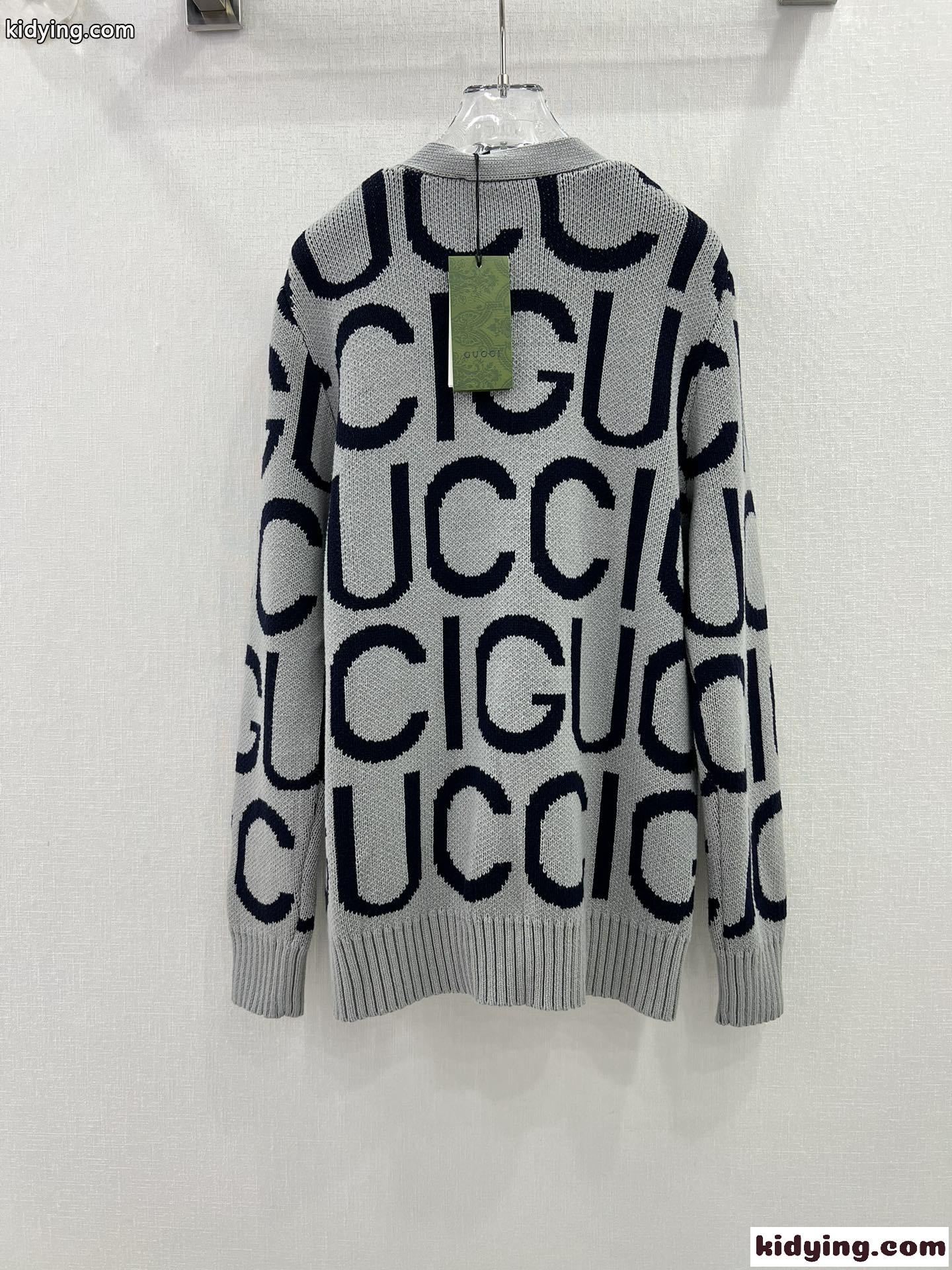 GUCCI インターシャ ウール カーディガン グッチ ニット コピー ユニセックス グレー-3