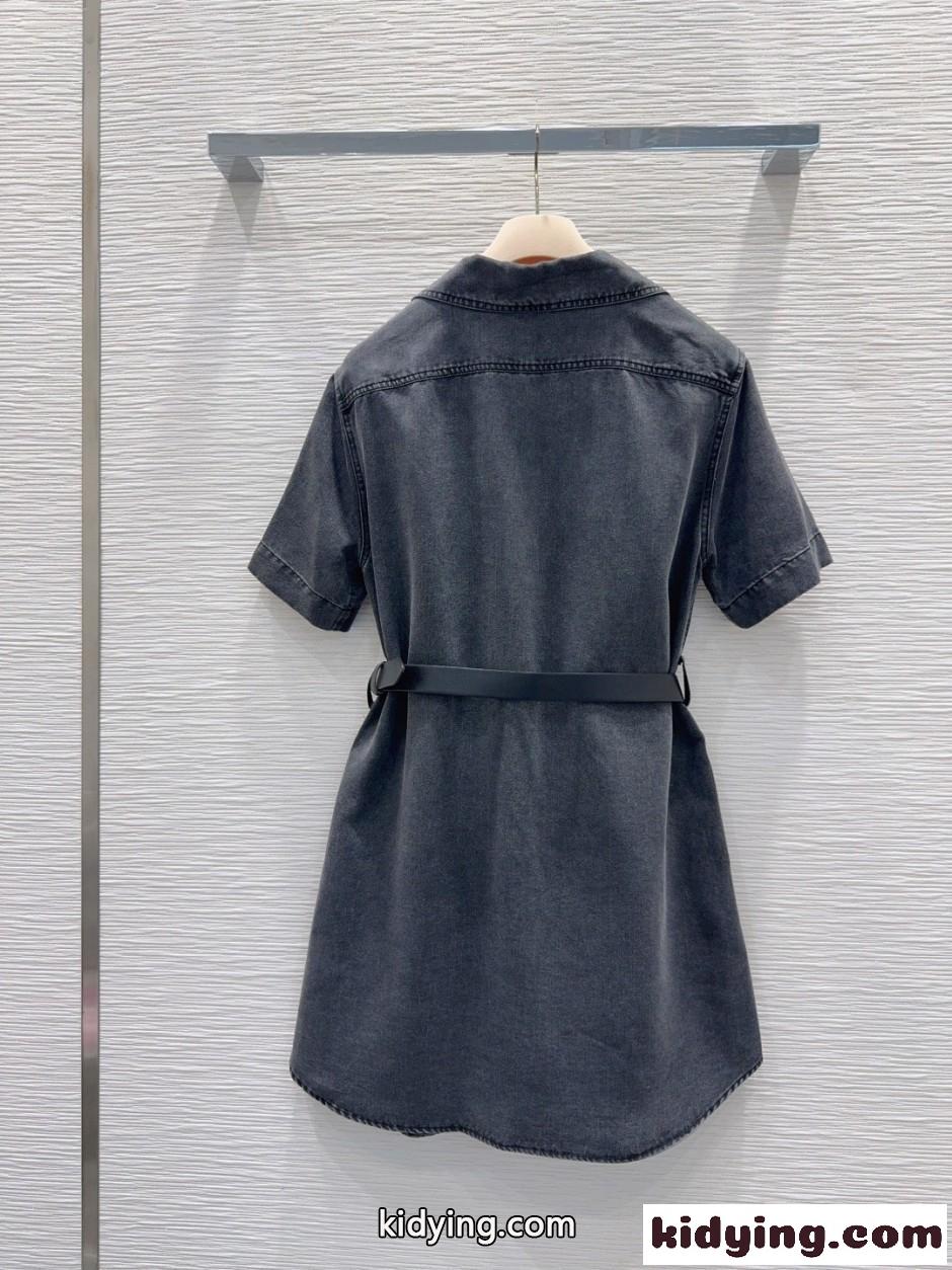 洗練された ベルト付き デニム シャツドレス ミュウミュウ ワンピース 偽物 ブラック-4