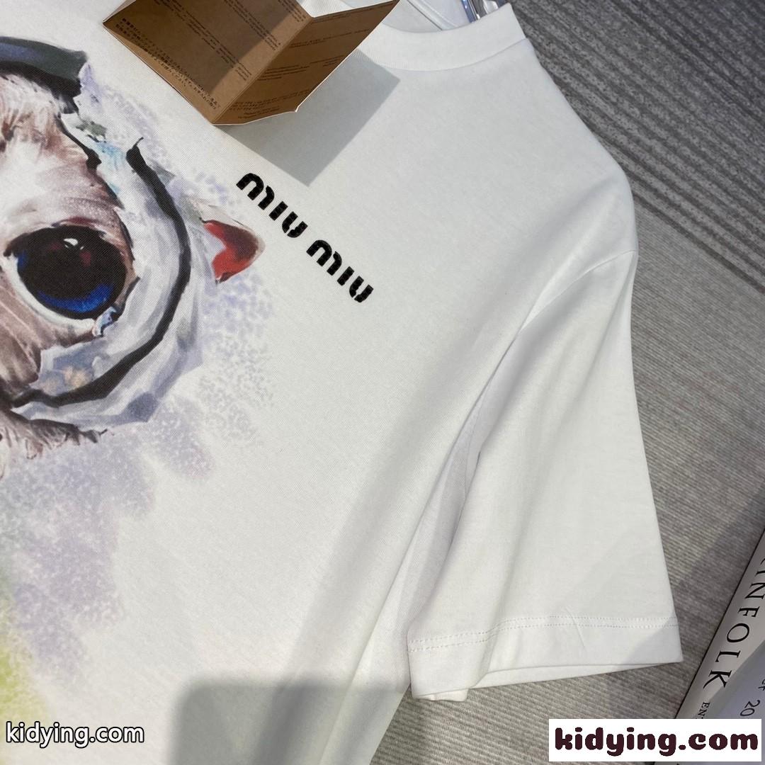 可愛い プリント クルーネック コットン 春夏 定番 ミュウミュウ 半袖tシャツ コピー 人気 カジュアル-1
