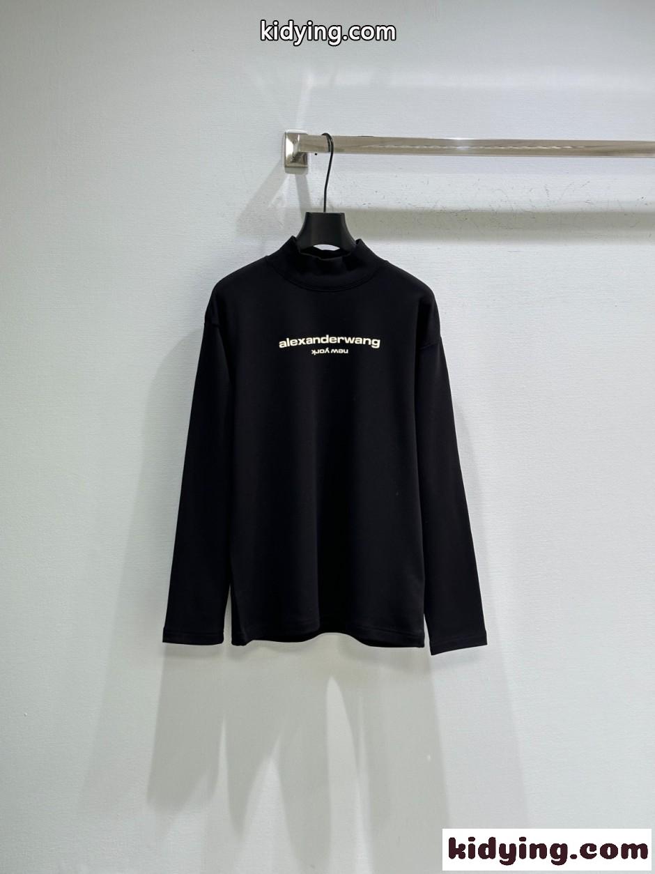 カジュアル ロゴ入り モックネック 長袖Tシャツ アレキサンダーワング Tシャツ 偽物 ブラック-1