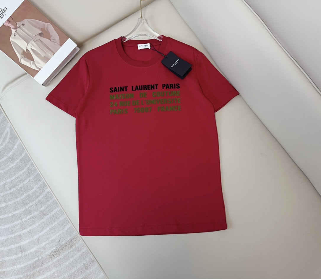 シンプル イヴ・サンローラン Tシャツ コピー コットン ロゴTシャツ レッド-1
