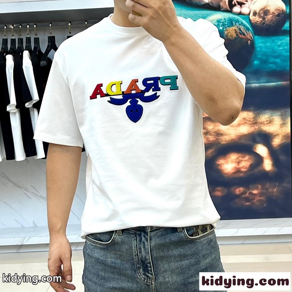ロゴ入り クルーネック 半袖Tシャツ プラダ Tシャツ コピー コットン ホワイト-2