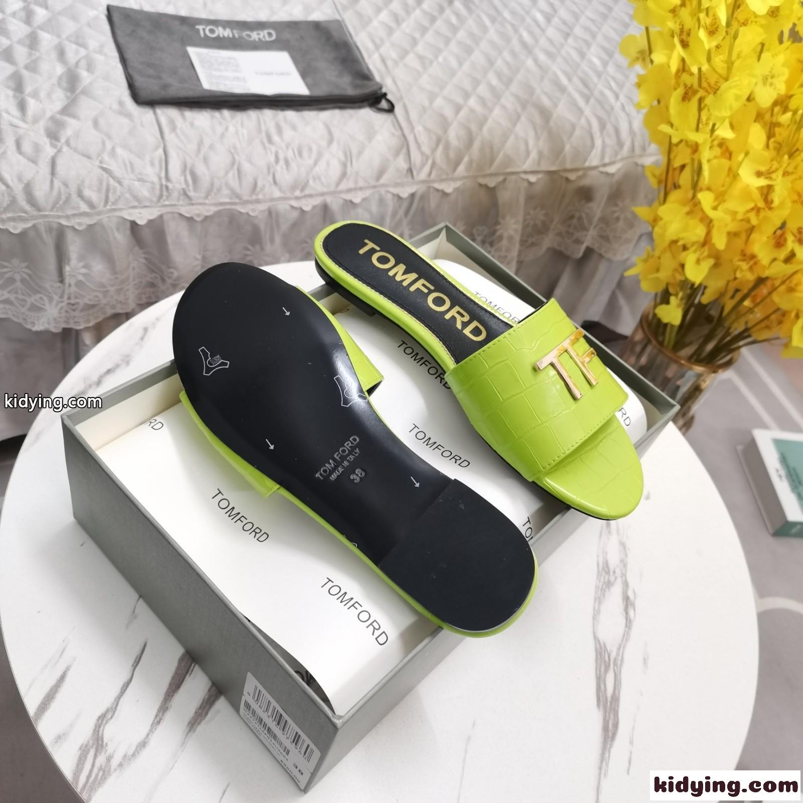 ベーシック 上品 クロコ型押し トムフォード サンダル コピー 歩きやすい ぺたんこ グリーン-3