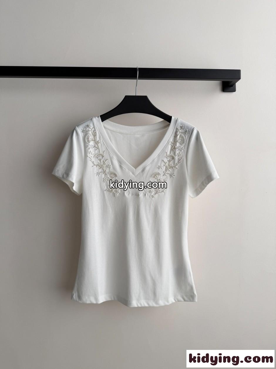 コットン Vネック 半袖Tシャツ クリスチャン・ディオール Tシャツ 偽物 ホワイト-1