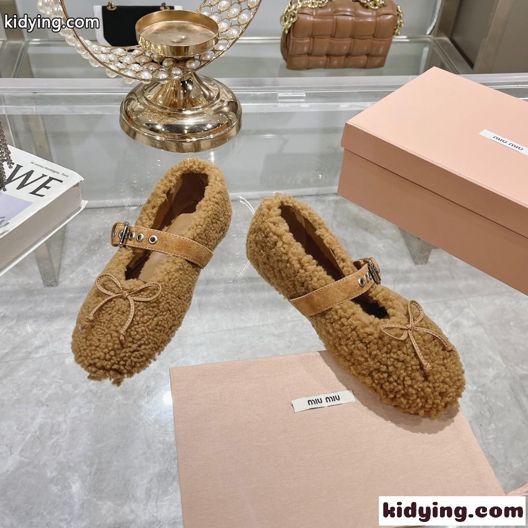 シープスキン フラット バレリーナシューズ ミュウミュウ シューズ スーパーコピー キャメル-1