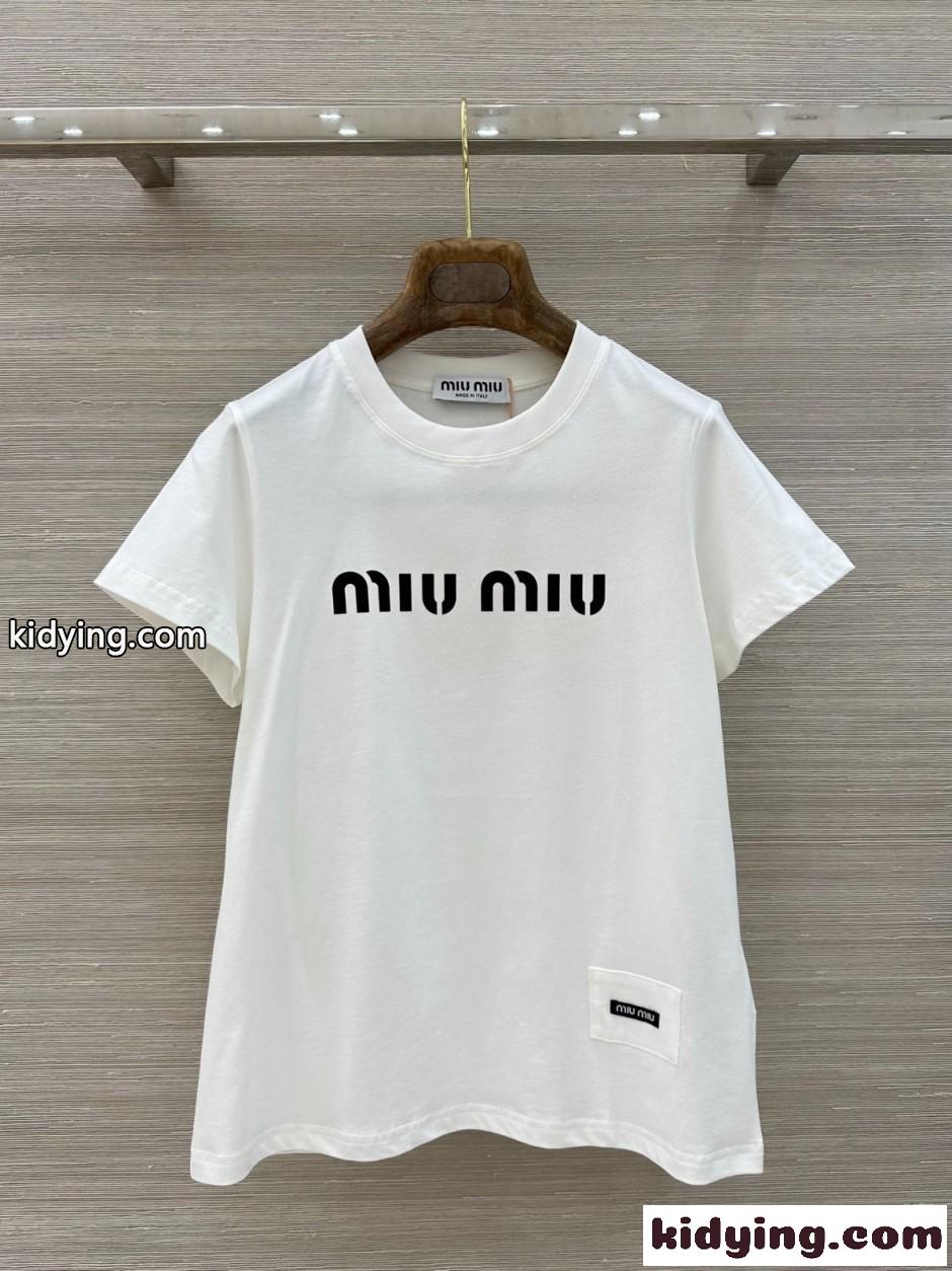 シンプル ロゴ入り コットン ミュウミュウ Tシャツ コピー ホワイト-1