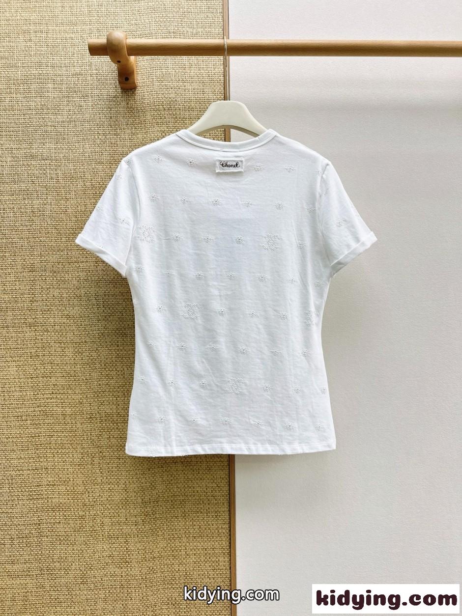 お洒落 可愛い パンチング 半袖Tシャツ シャネル Tシャツ コピー ホワイト-1