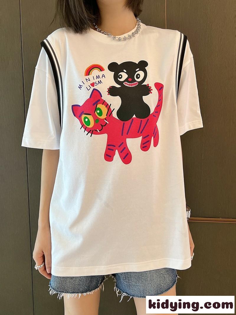 遊び心いっぱい 可愛い プリント ミュウミュウ 半袖tシャツ コピー 人気 オーバーサイズ コットン-0