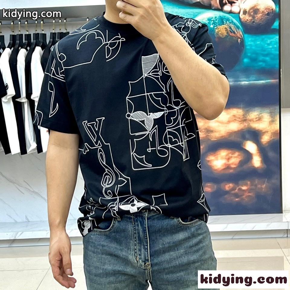 合わせやすい プリント クルーネック Tシャツ ルイ・ヴィトン 半袖Tシャツ コピー ブラック-2