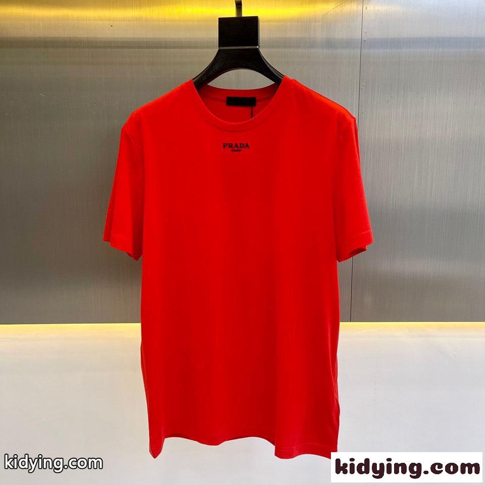 シンプル ロゴ クルーネック 半袖Tシャツ プラダ Tシャツ コピー レッド-0