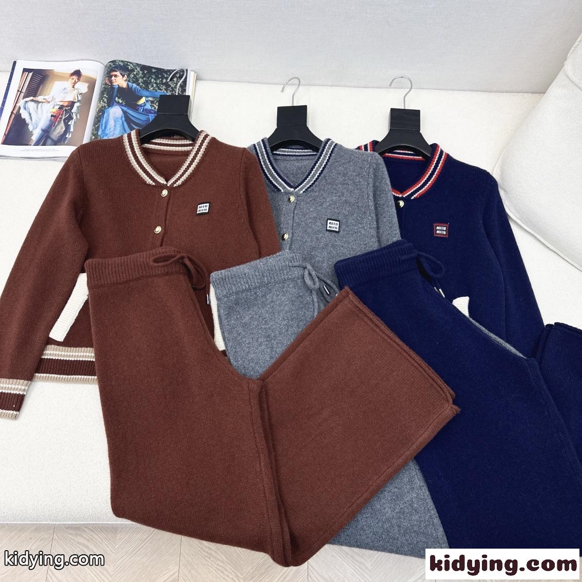ミュウミュウセット 服偽物 ニットセット 筒形ズボン 2点 シンプル 通勤 柔らかい 三つ色-0