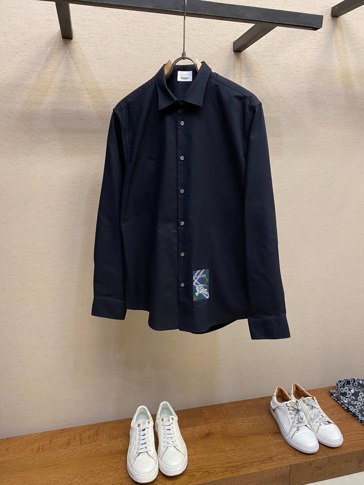 チェックラベル ロングスリーブシャツ バーバリー シャツ コピー コットン ブラック-0