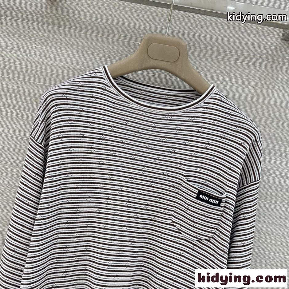 ボーダー柄 透かし編み 長袖Tシャツ ミュウミュウ Tシャツ コピー-1