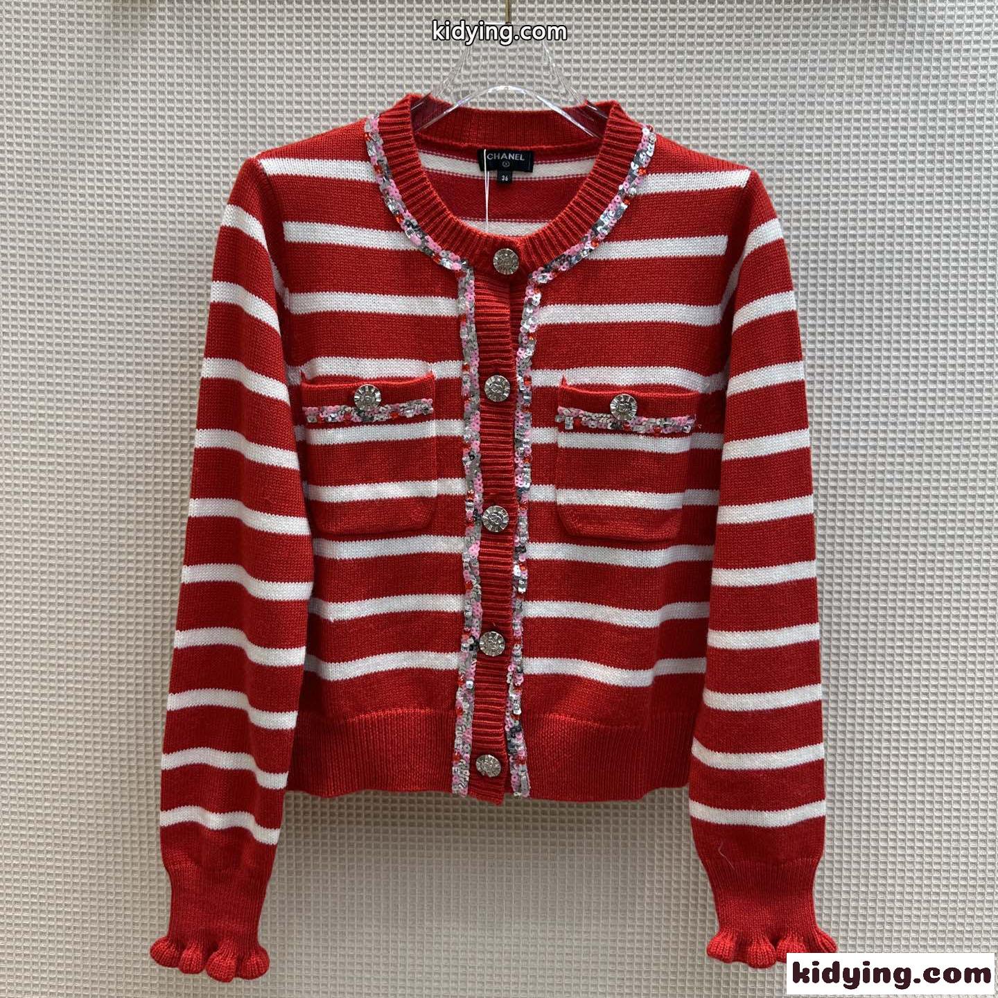 袖のフリルが可愛い♥鮮やか 刺繍 シャネル カーディガン コピー ボーダー柄 ニット-2