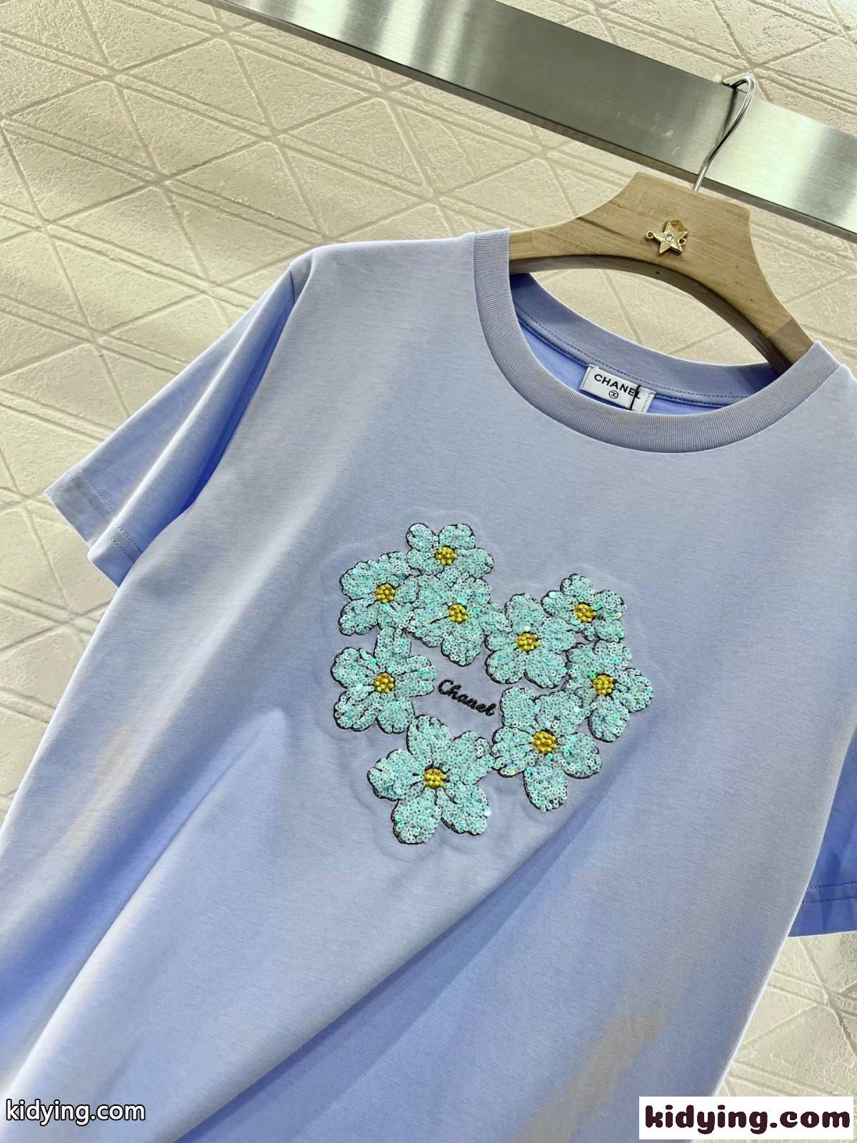 シンプル コットン 半袖Tシャツ シャネル Tシャツ スーパーコピー ライトパープル-3