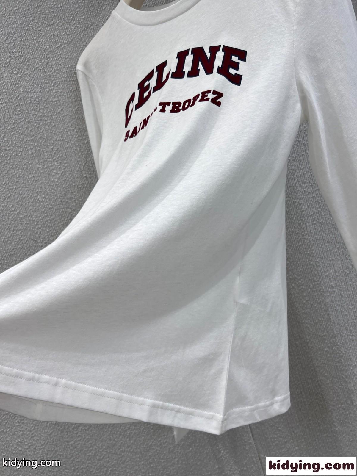 ベーシック カレッジロゴ 長袖Tシャツ セリーヌ Tシャツ 偽物 コットン ホワイト-4