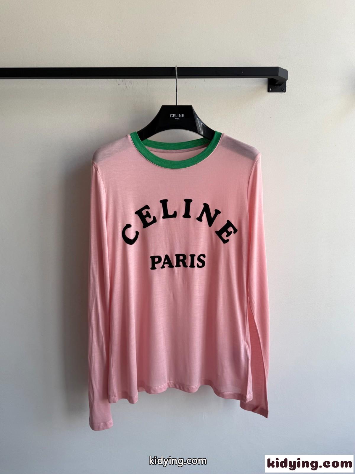 カジュアル ロゴ入り シアー 長袖Tシャツ 紫外線対策 セリーヌ Tシャツ コピー ピンク-0