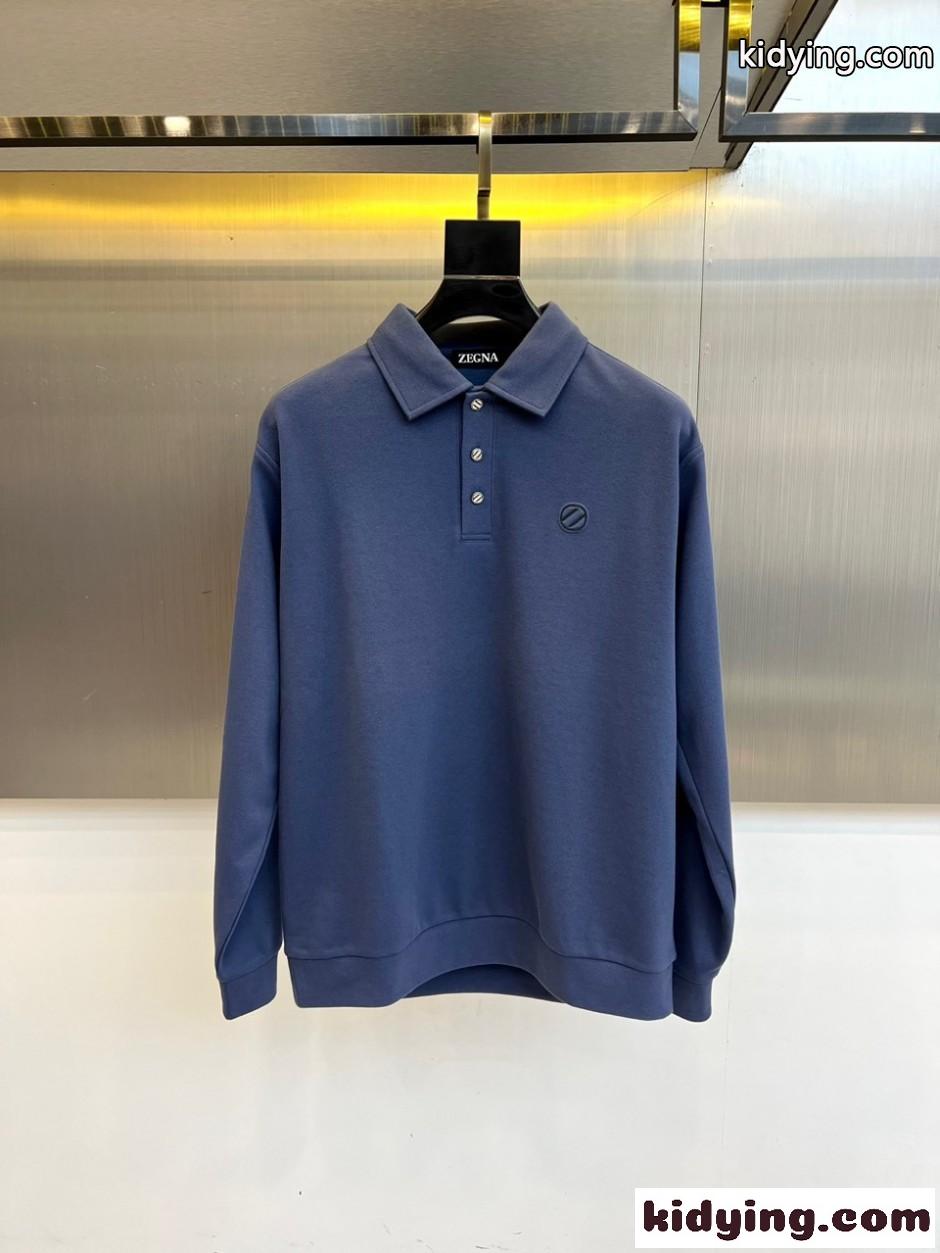 シンプル 上品 エルメネジルド・ゼニア Tシャツ 偽物 ロゴ 長袖 ポロシャツ ブルー-0