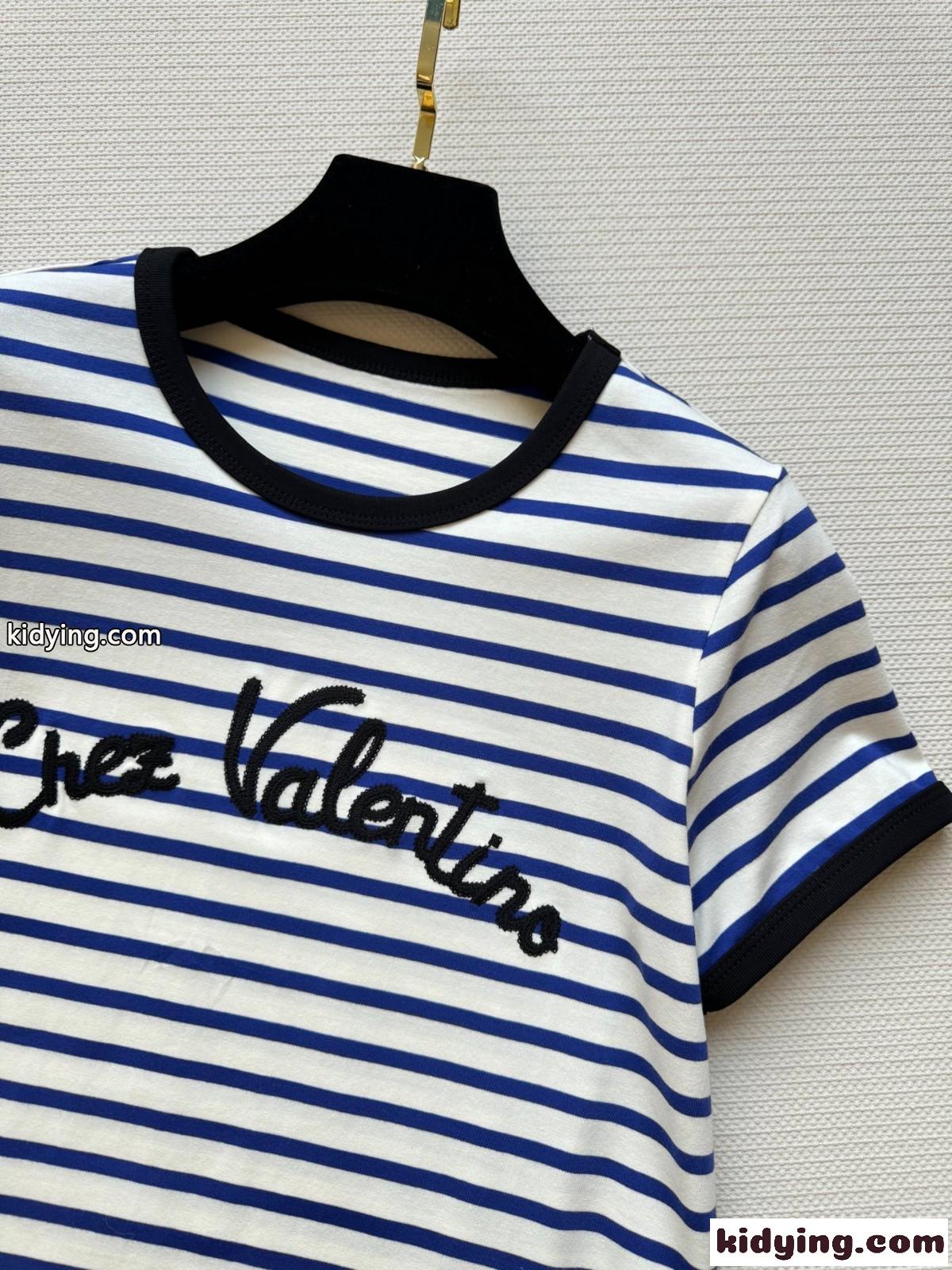 ボーダー柄 コットン 半袖Tシャツ ヴァレンティノ Tシャツ コピー ブルー-1