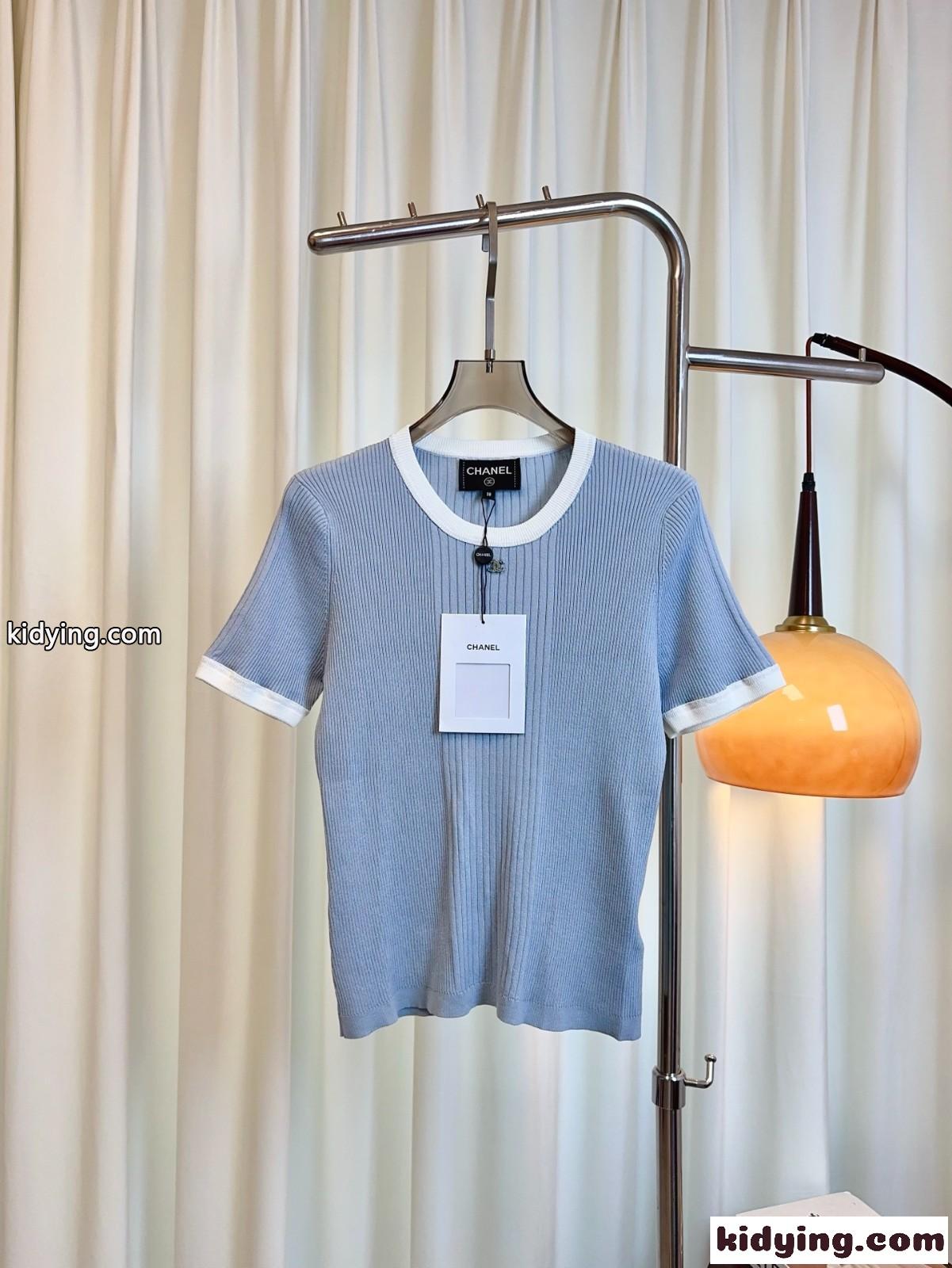 大人 上品 ココビーチ ニットトップス シャネル Tシャツ 偽物 ブルー-0