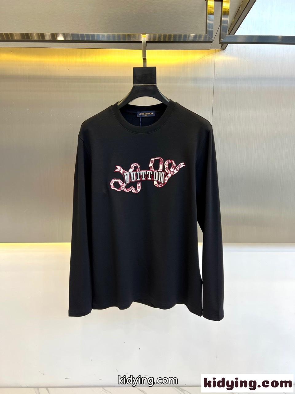 シンプル カジュアル 刺繍入り 長袖Tシャツ ルイ・ヴィトン Tシャツ コピー ブラック-0