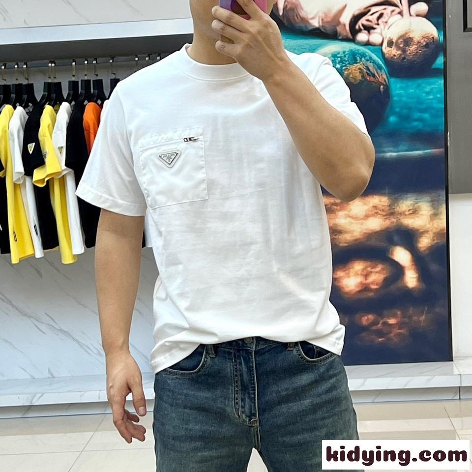シンプル クルーネック コットン Tシャツ プラダ 半袖Tシャツ コピー ホワイト-0