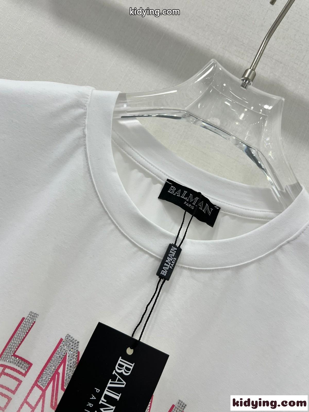 バルマン Tシャツ コピー ラインストーン ロゴ 半袖Tシャツ ホワイト-1