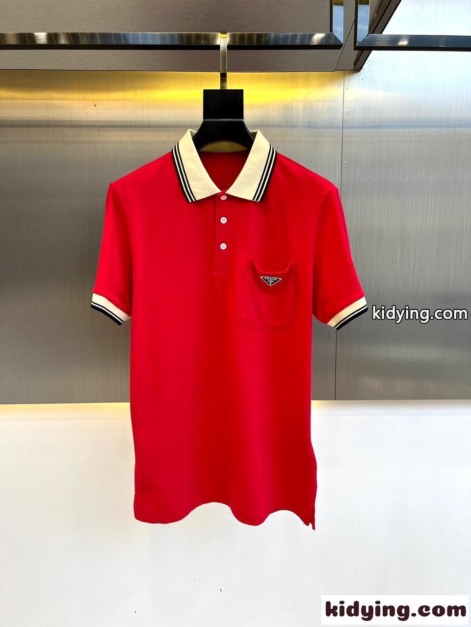 トライアングルロゴ付 コットンピケ ポロシャツ プラダ 半袖Tシャツ コピー レッド-1