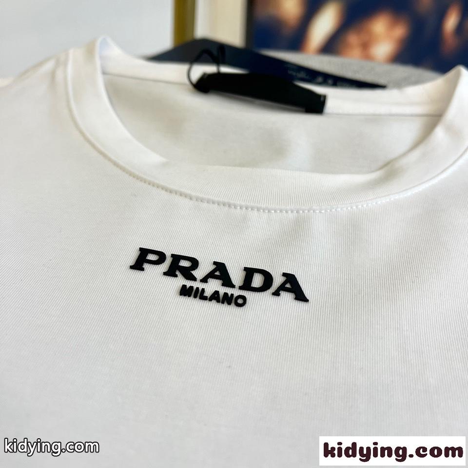 シンプル ロゴ クルーネック 半袖Tシャツ プラダ Tシャツ コピー ホワイト-3