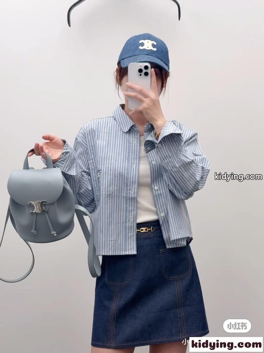 ヒッコリーストライプ クロップドシャツ セリーヌ シャツ コピー コットン-5