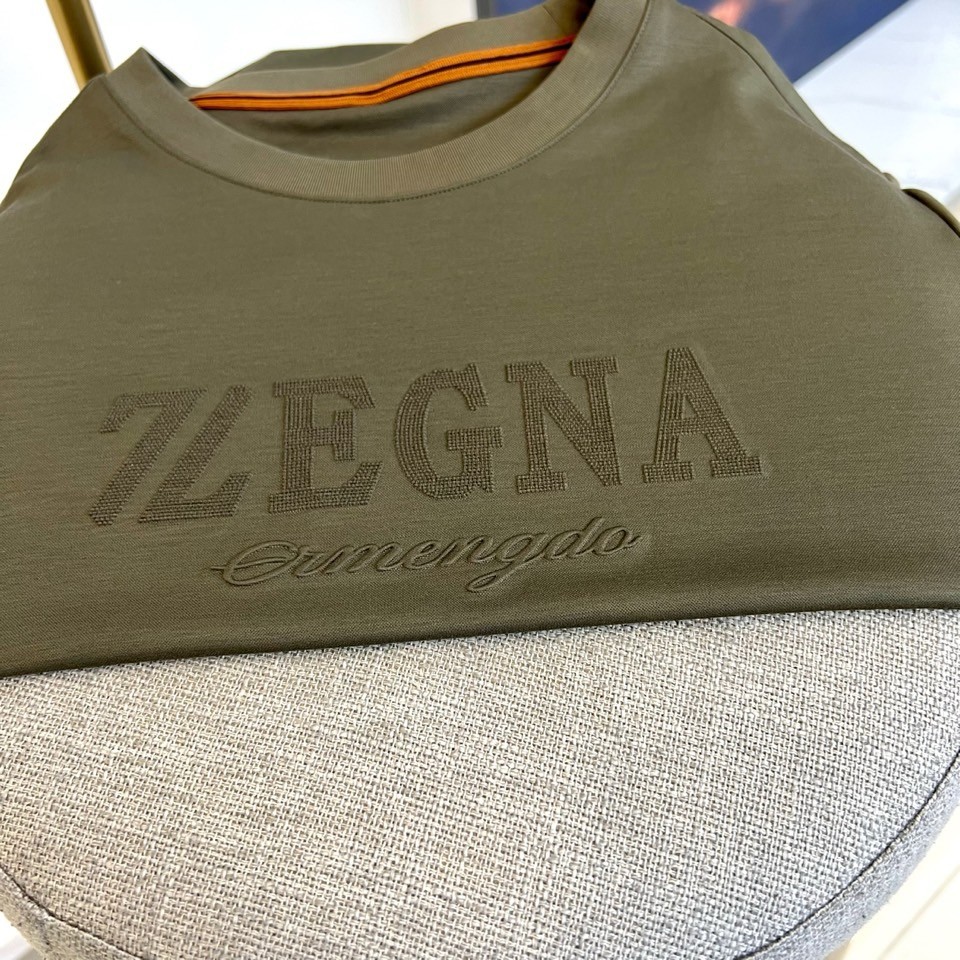 シンプル ロゴ エルメネジルド・ゼニア 半袖Tシャツ コピー クルーネック グリーン-2