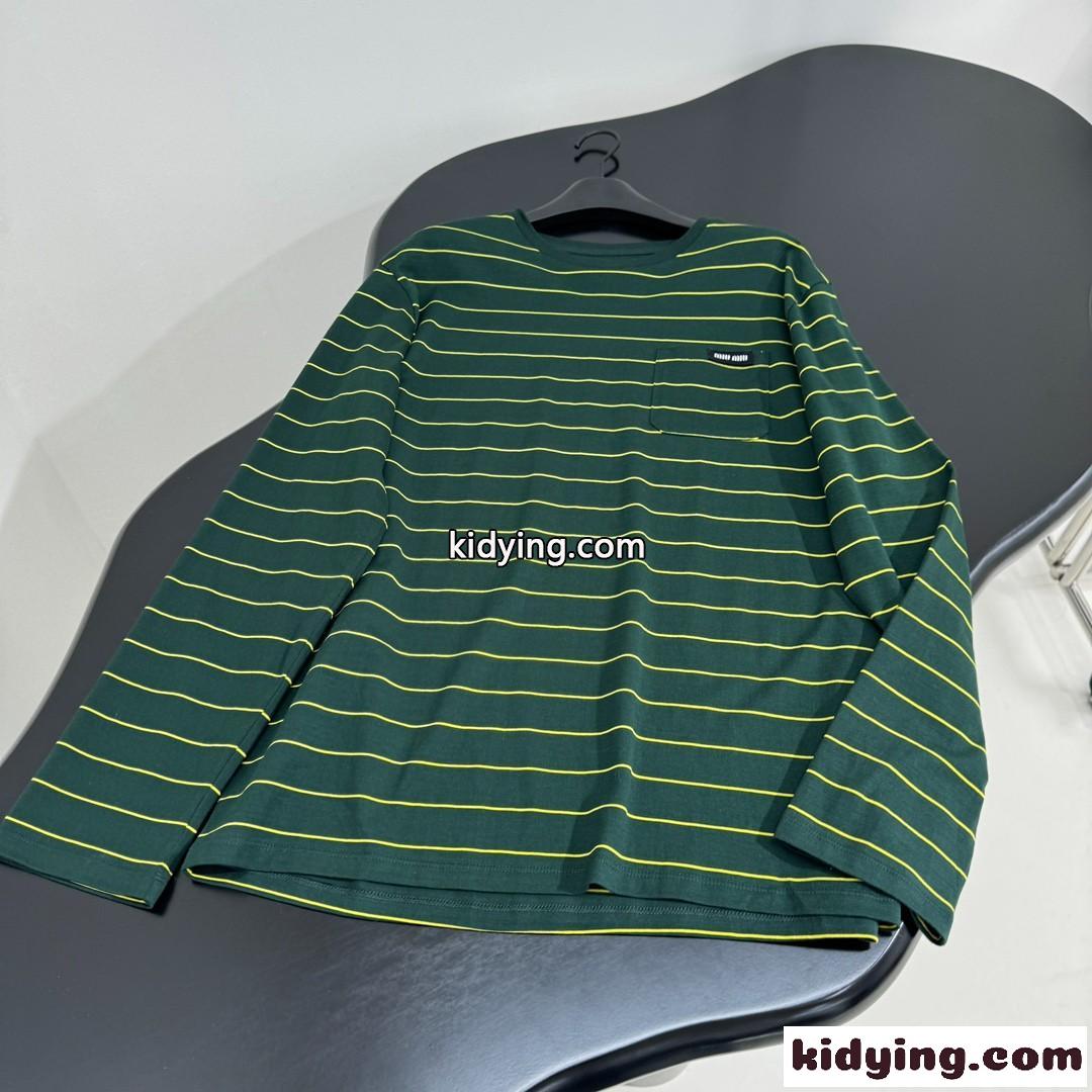 カジュアル 合わせやすい ボーダー柄 長袖Tシャツ ミュウミュウ Tシャツ コピー グリーン-4