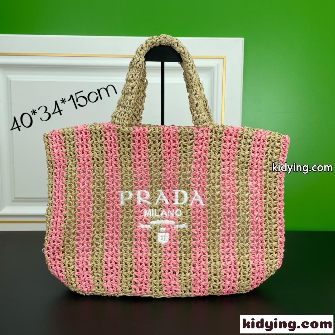 プラダ バッグ コピー 夏らしい ストライプ ラージ ラフィア トートバッグ ロゴ 刺繍 カバン-0