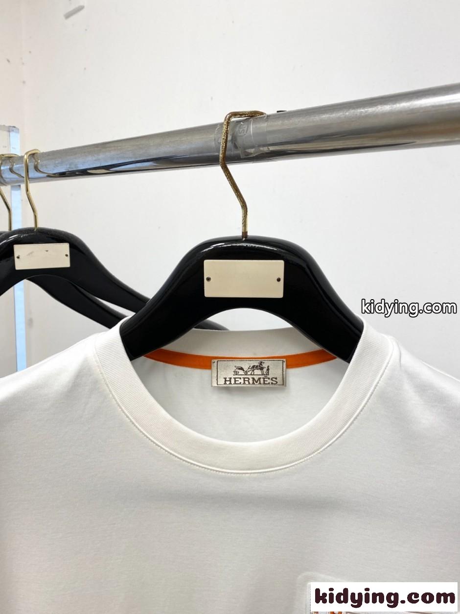 異素材ディテール クルーネック 半袖Tシャツ エルメス Tシャツ 偽物 ホワイト-1