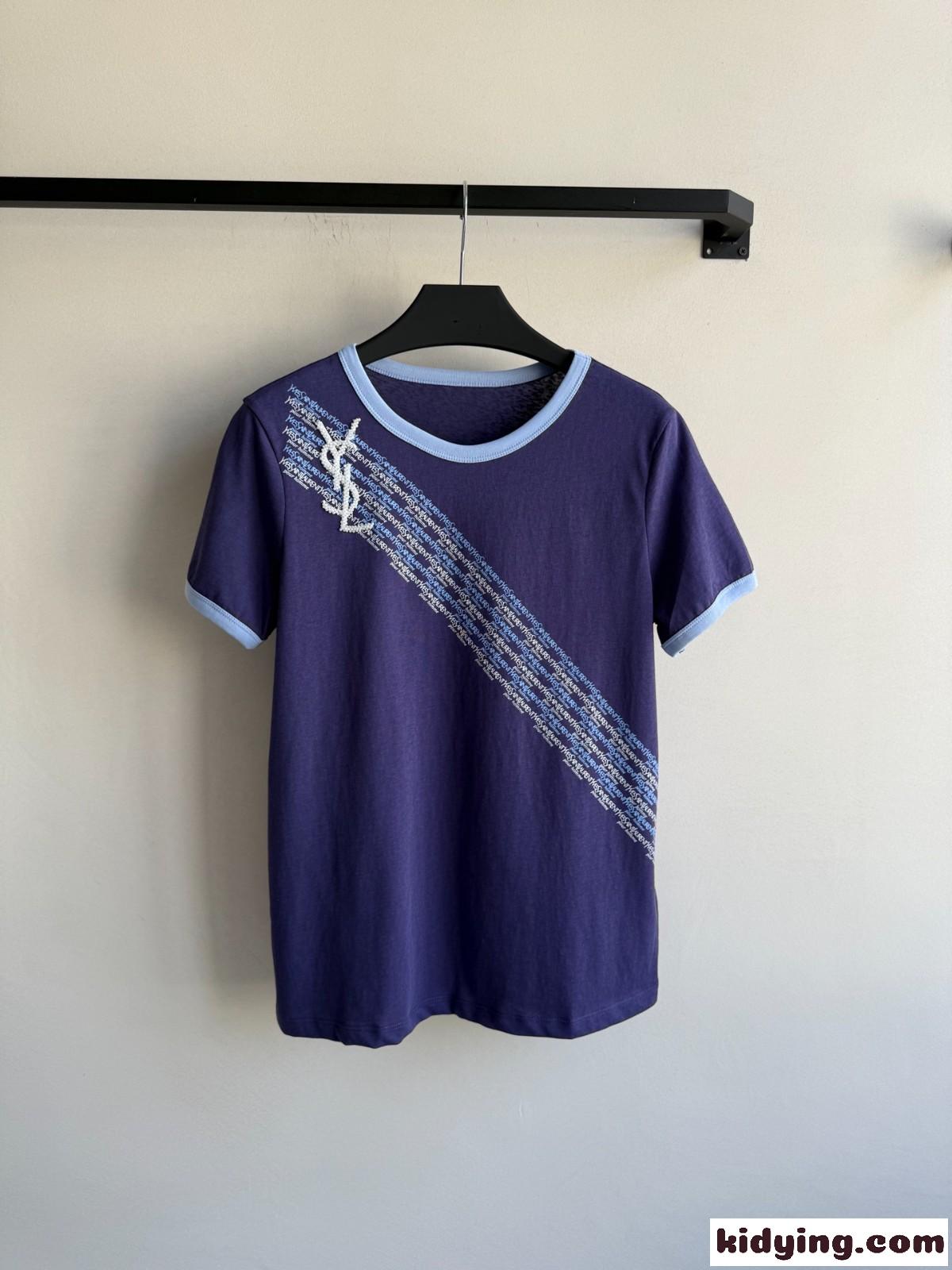 カジュアル コットン 配色 半袖Tシャツ イヴ・サンローラン Tシャツ コピー パープル-0