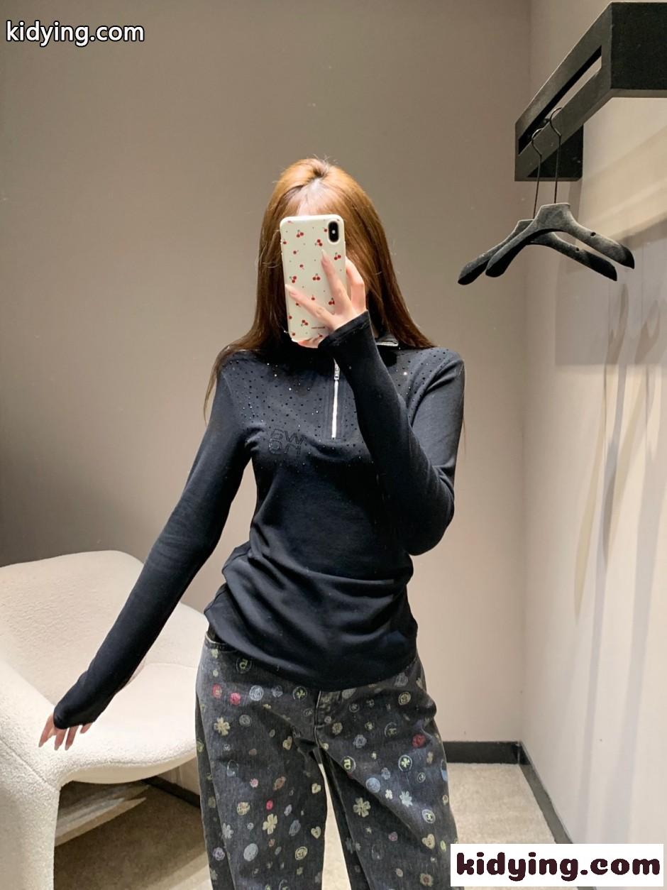 アレキサンダーワング Tシャツ コピー ラインストーン ハーフジップ トップス ブラック-5