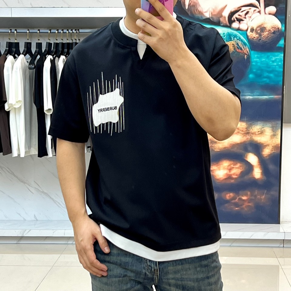 おしゃれ レイヤード風 半袖Tシャツ バーバリー Tシャツ 偽物 コットン ブラック-1