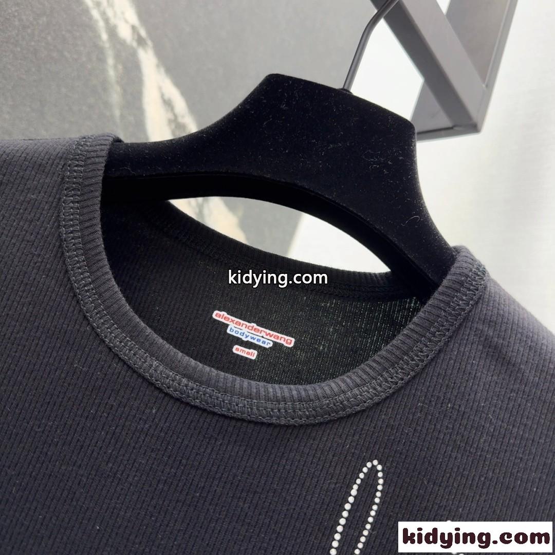 ラインストーンロゴ コンパクト 半袖Tシャツ アレキサンダーワング Tシャツ コピー ブラック-0