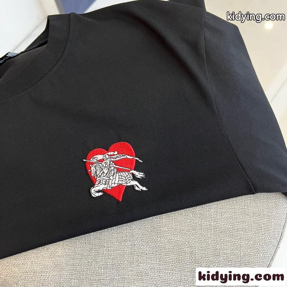 シンプル 洗練された ロゴ刺繍 クルーネック バーバリー Tシャツ 偽物 半袖トップス ブラック-2
