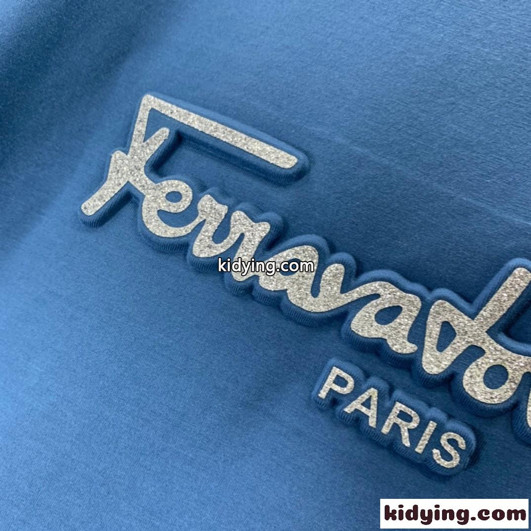 シンプル ロゴ 合わせやすい クルーネック サルヴァトーレ・フェラガモ Tシャツ コピー 半袖Tシャツ ブルー-2