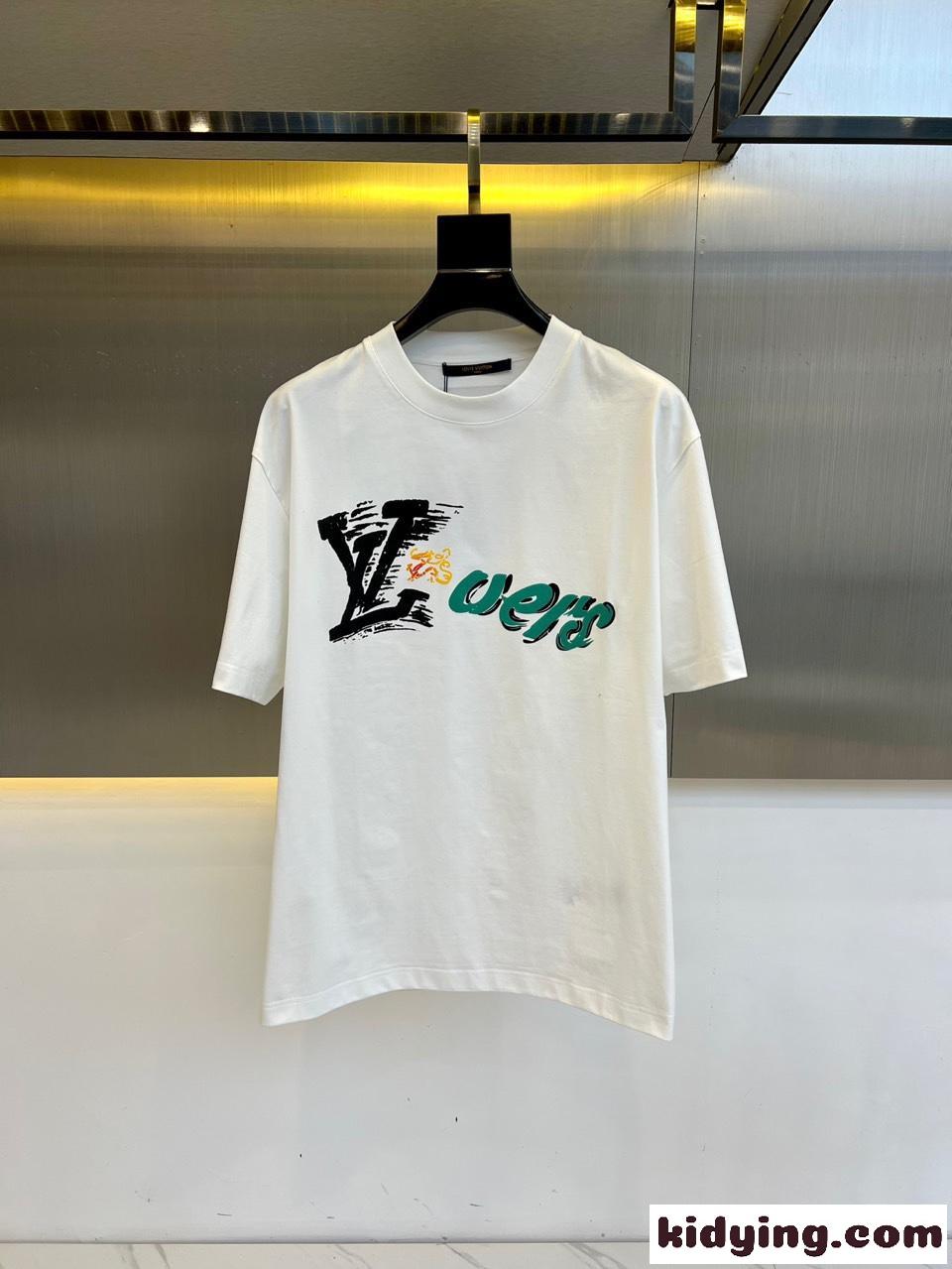 カジュアル ロゴ クルーネック コットン 半袖Tシャツ ルイ・ヴィトン Tシャツ コピー ホワイト-0