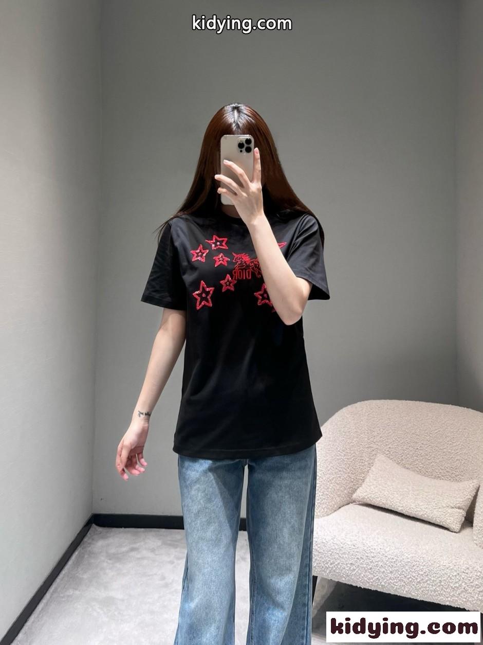 刺繍入り コットン 半袖Tシャツ クリスチャン・ディオール Tシャツ コピー ブラック-4