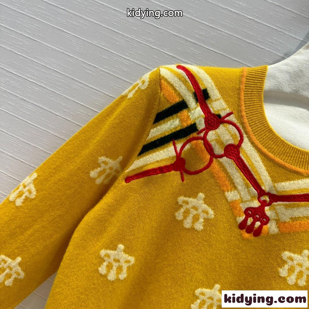 馬銜 刺繍入り ウール＆カシミヤ ニット エルメス セーター コピー イエロー-2